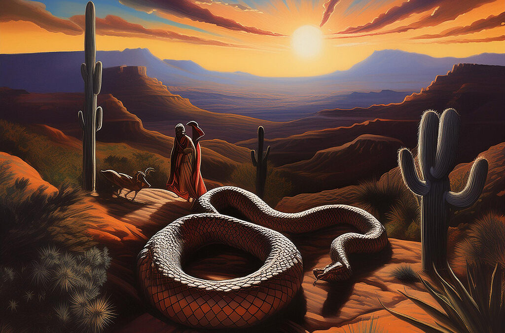 Puerto Vallarta Chronicle Trilogy. A painting of a desert scene, at dusk featuring cacti and a coiled snake in the forefront. In the distance a person, in robes looks out towards the setting sun behind the mountains.