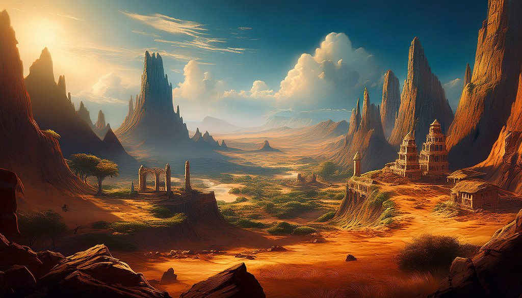 A vast, sunlit desert landscape with towering rocky spires, ancient ruins, and a distant kingdom nestled among cliffs.