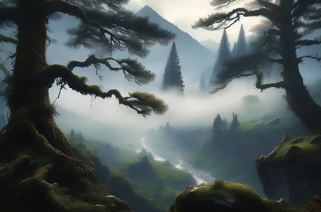 Enchanted forest with towering trees, misty atmosphere, and a winding river in Blackstone Vale.